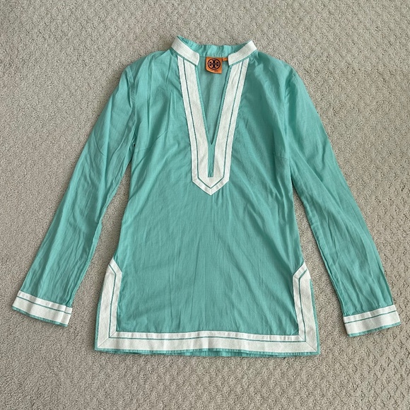 Tory Burch Cotton Tunic Top Mint/White Size 4 Lightweight Summer Preppy Designer - Picture 3 of 12